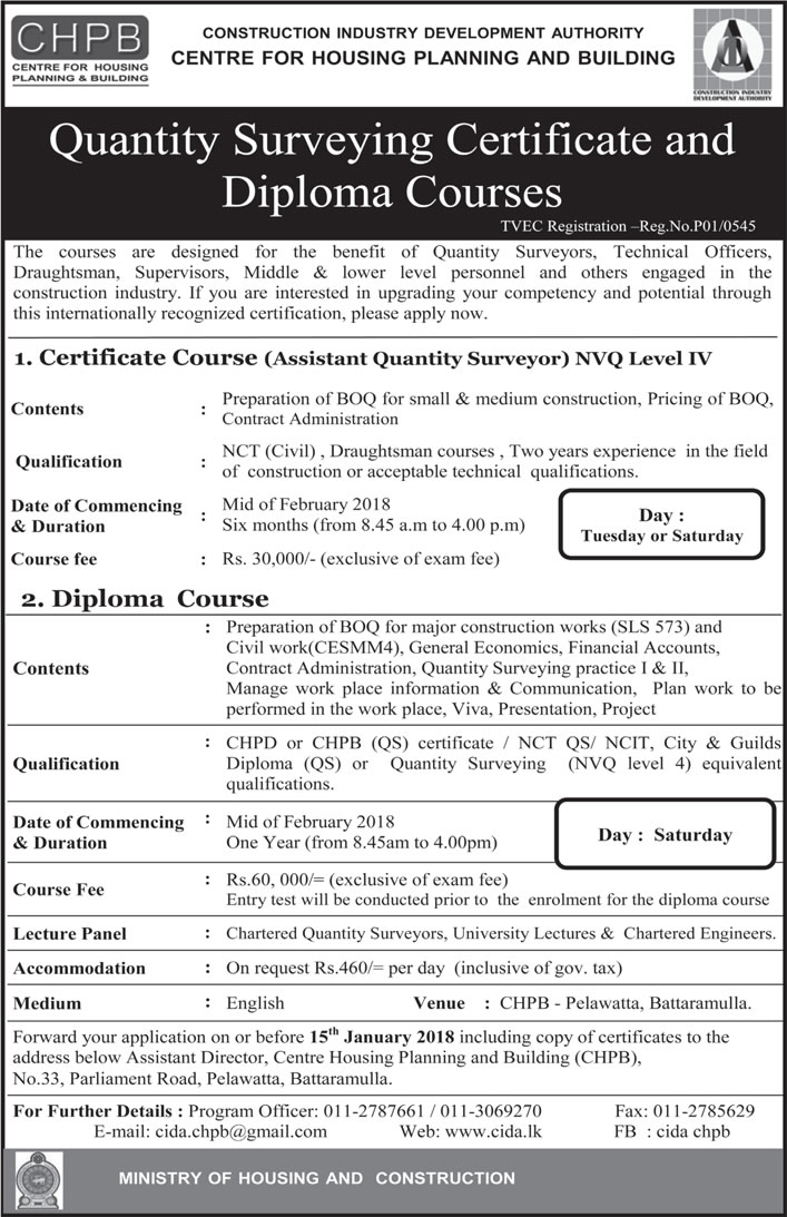 Quantity Surveying Certificate & Diploma Courses - Constriction Industry Development Authority